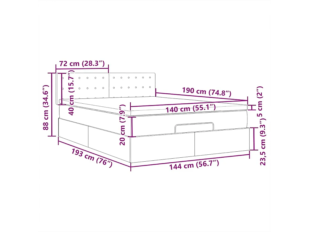 Cama otomana con colchón LED gris oscuro 140x190 cm tela