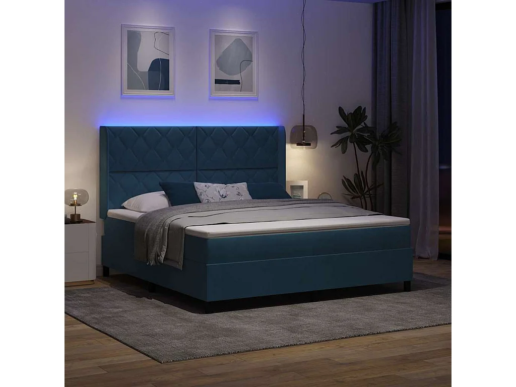 Lit à ressorts avec bandes LED Bleu 180 x 200 cm Velours