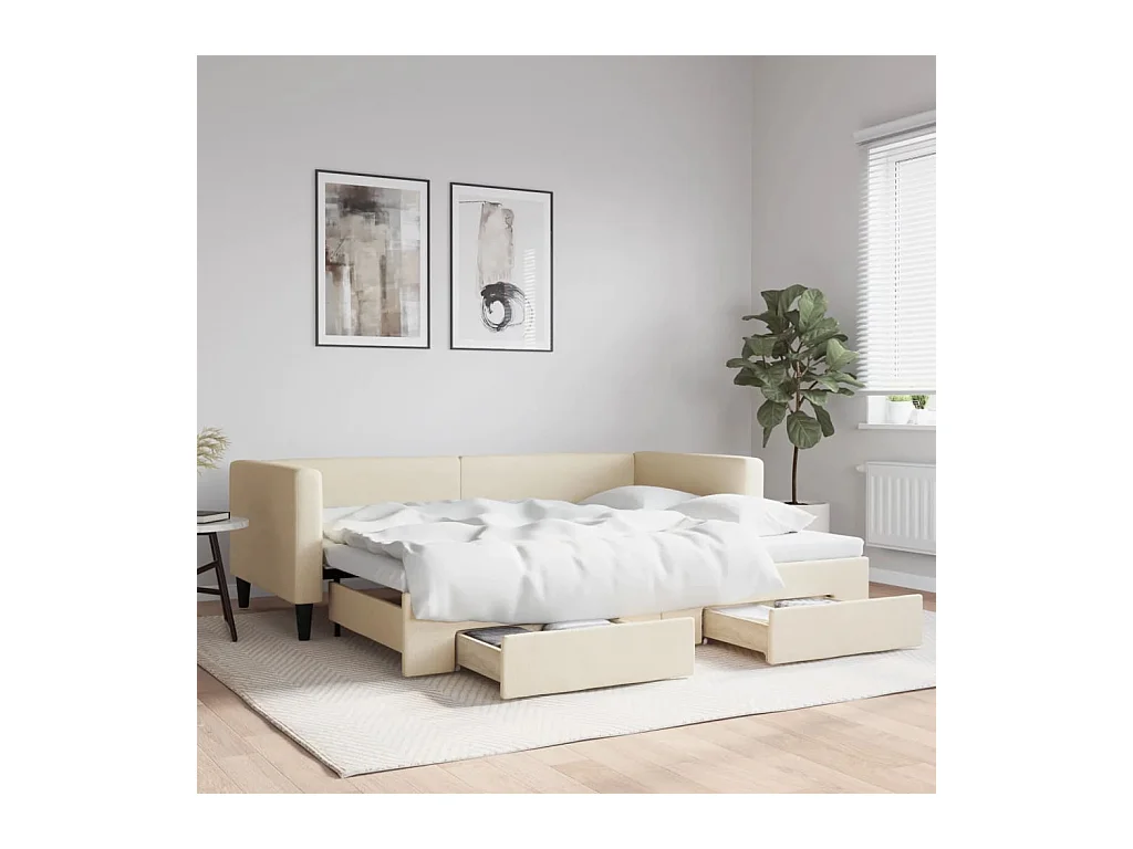 Lit de jour avec gigogne et tiroirs sans matelas crème 90x200cm