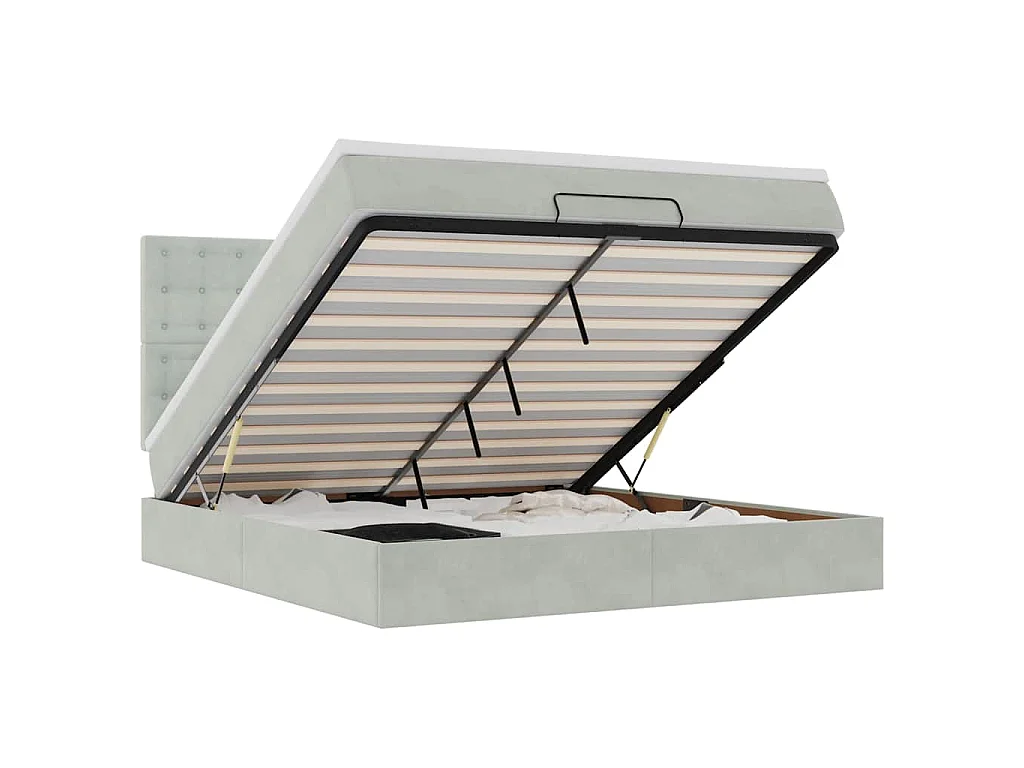 Estructura cama otomana colchones terciopelo gris claro