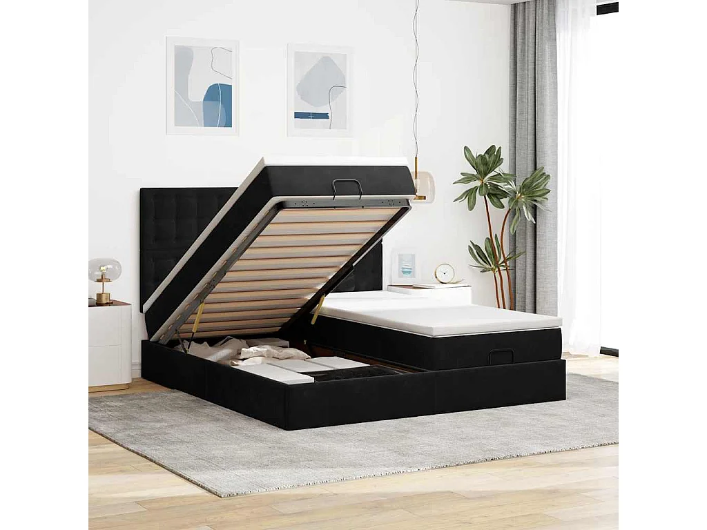 Cadre de lit ottoman avec matelas noir 180x200cm velours