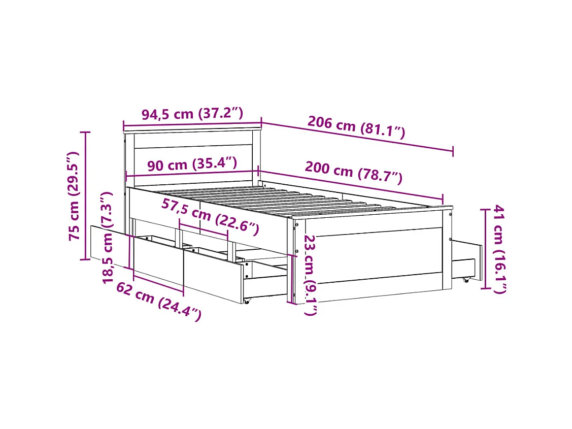 Cadre de lit sans matelas avec tête de lit 90x200 cm bois pin
