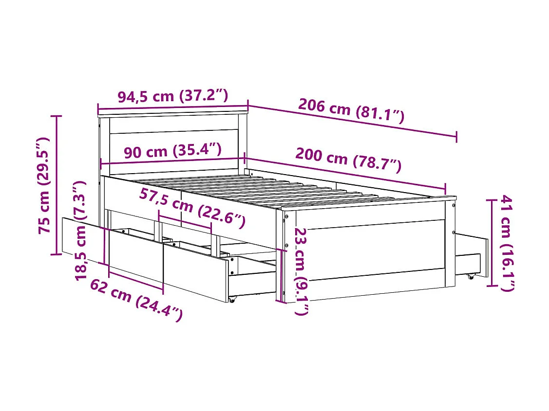Massivholzbett ohne Matratze mit Kopfteil 90x200 cm Wachsbraun