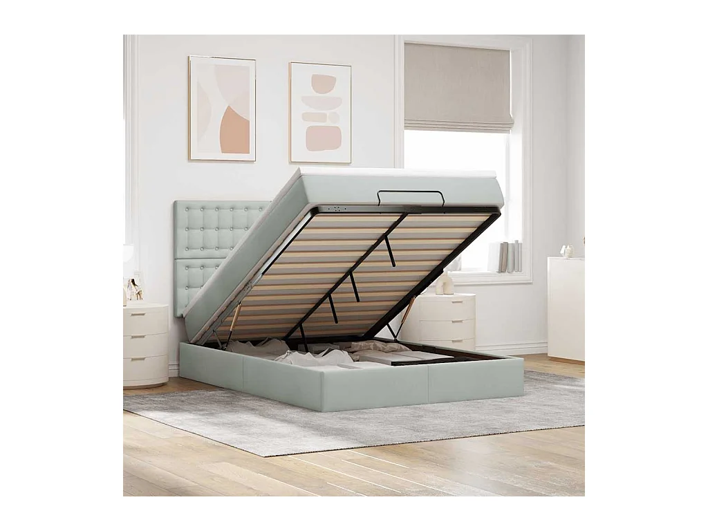 Cadre de lit ottoman et matelas gris clair 140x190 velours