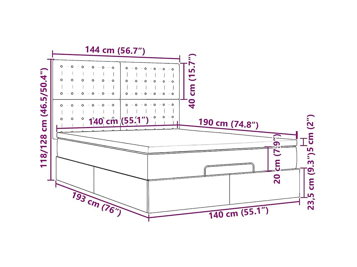 Cadre de lit ottoman et matelas gris clair 140x190 velours