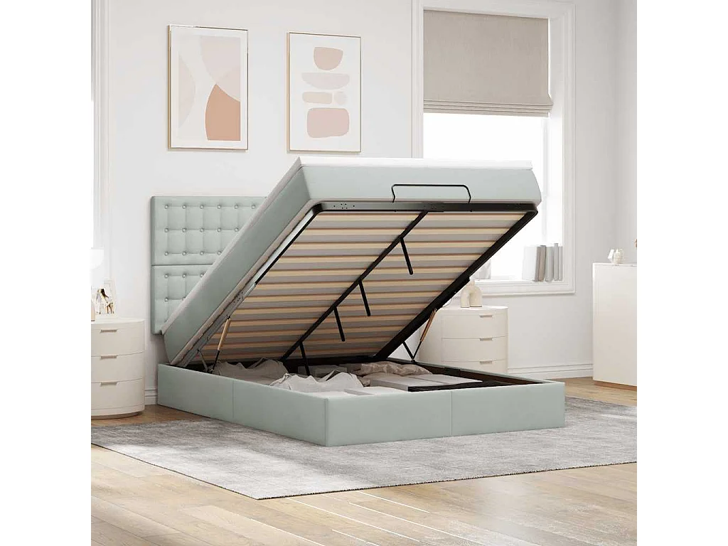 Ottoman-Bett mit Matratzen & LEDs Hellgrau 140x190 cm Samt