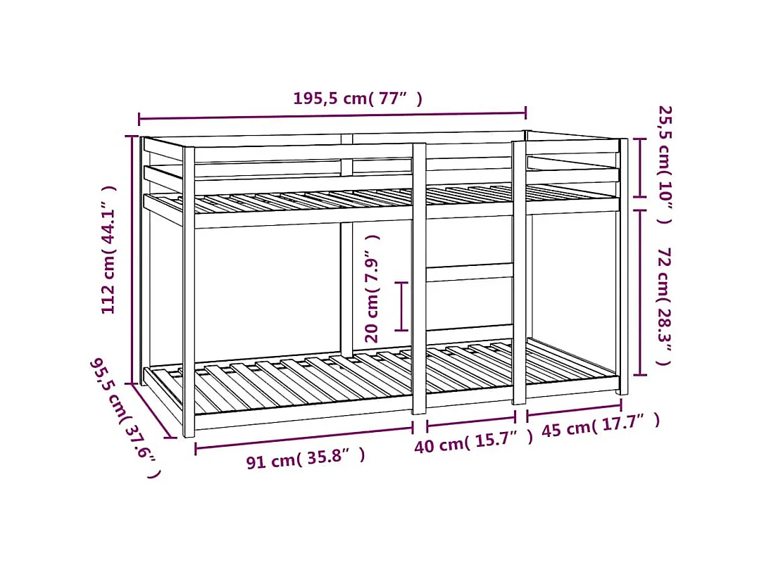 Stapelbedframe zonder matras massief grenenhout 90x190 cm