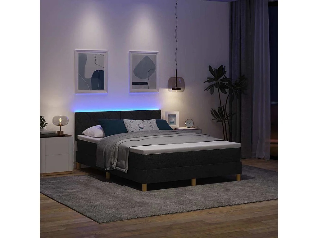 Cama Box Spring LED com colchão Preto 140 x 200 cm tecido