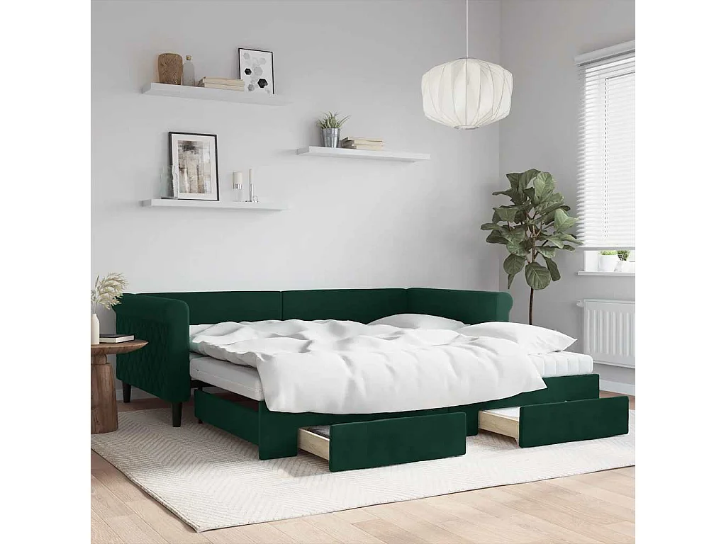 Sofá cama nido con cajones terciopelo verde oscuro 100x200 cm