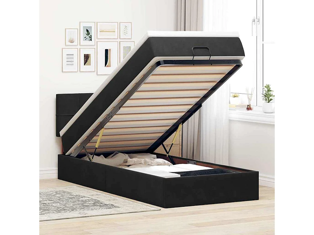 Ottoman-Bett mit Matratze & LEDs Schwarz 90x190 cm Samt