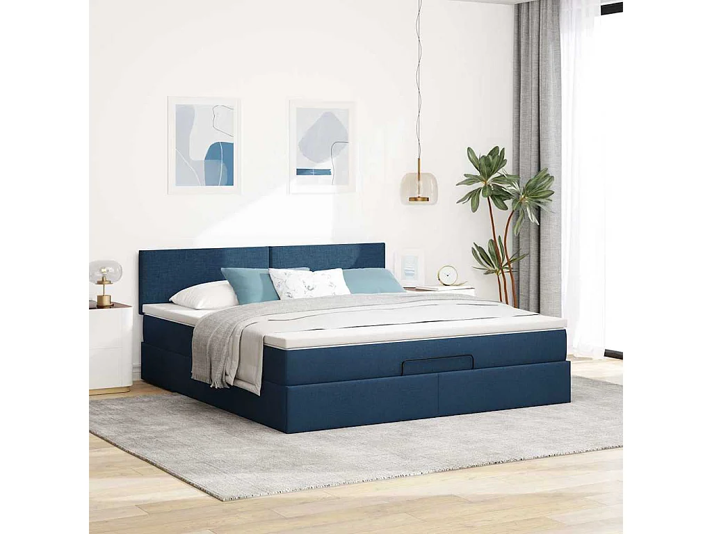 Pouf Letto con Materasso e LED Blu 180x200cm in Tessuto