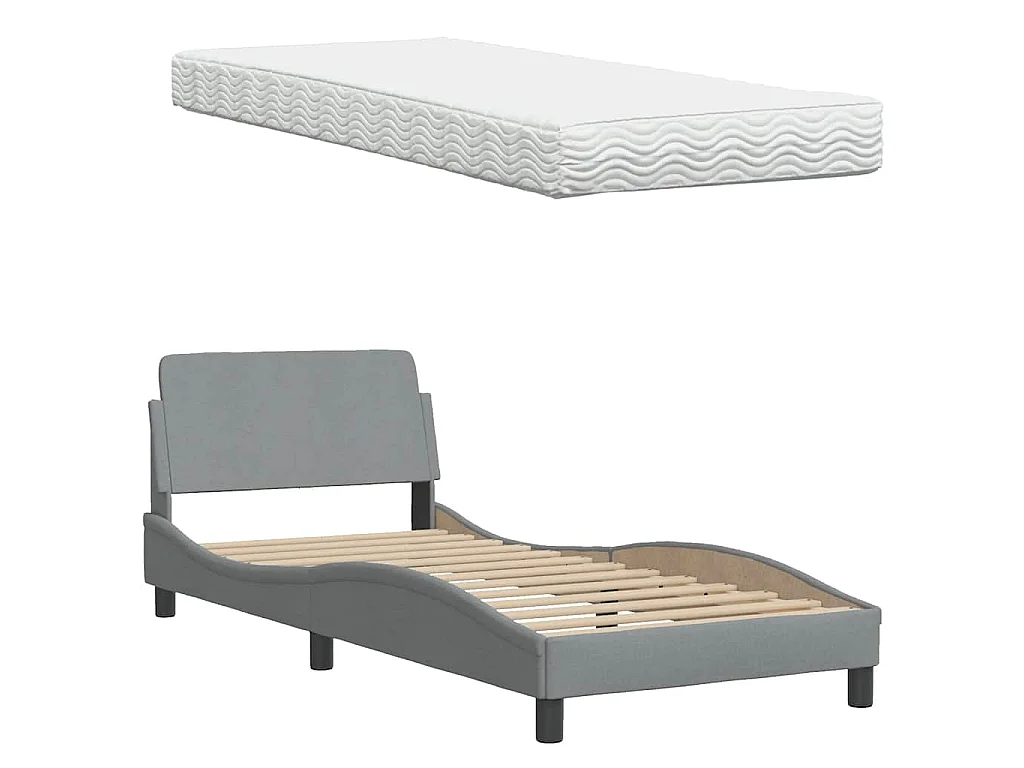 Lit avec matelas Hanko gris clair 90x190 cm tissu