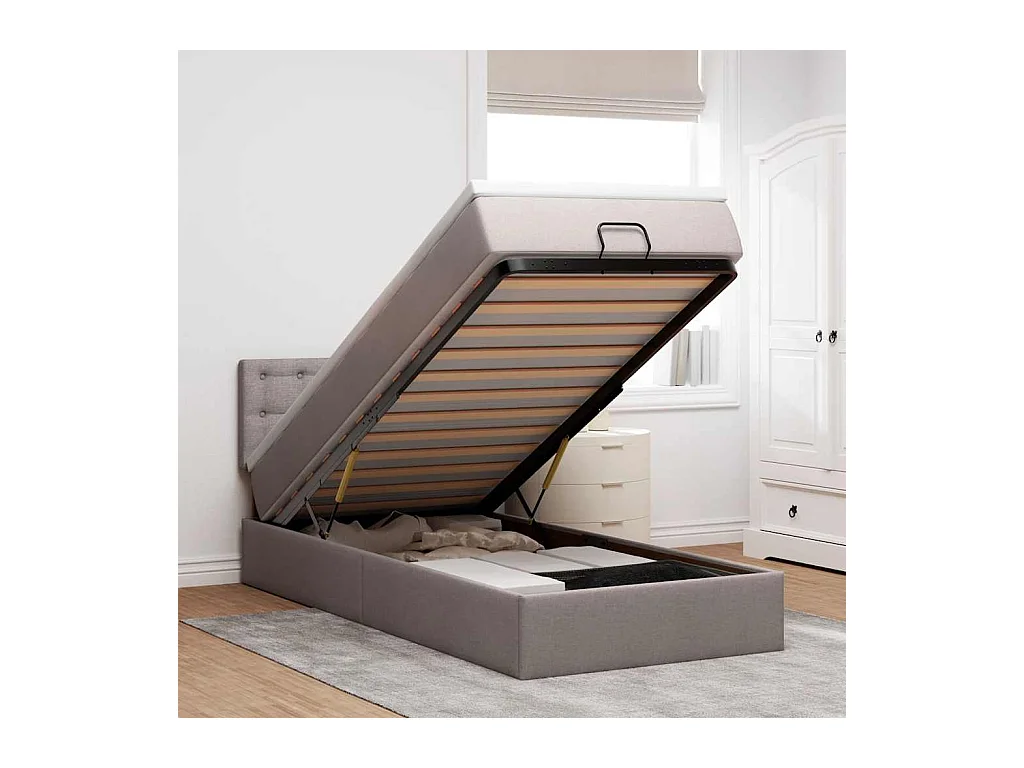 Lit ottoman avec matelas et LED taupe 90x200 cm tissu