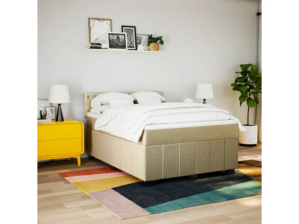 Cama box spring con colchón tela color crema 160x200 cm