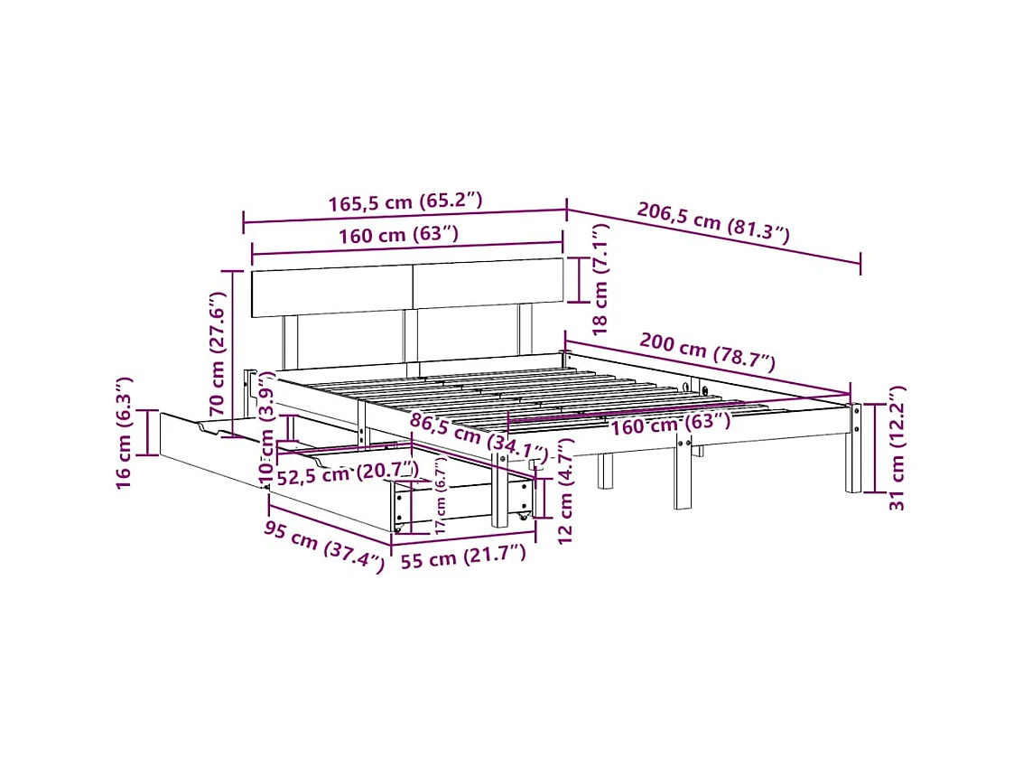 Cama sem colchão 160x200 cm madeira de pinho maciça branco
