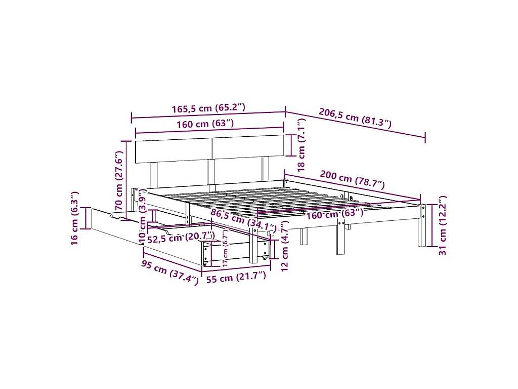 Cadre de lit sans matelas blanc 160x200 cm bois de pin massif