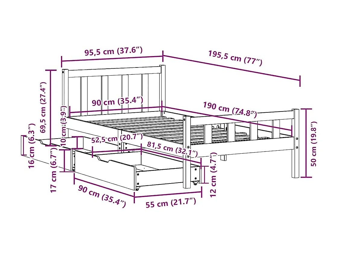 Cadre de lit sans matelas 90x190 cm bois de pin massif