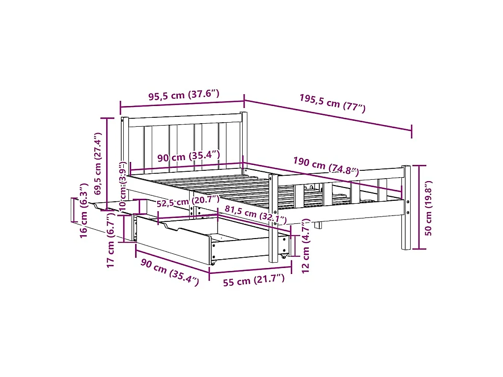 Letto senza Materasso 90x190 cm in Legno Massello di Pino