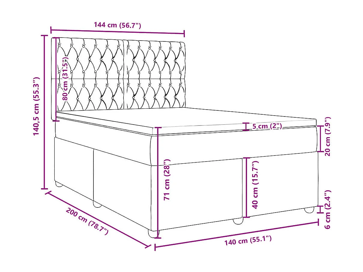Cama box spring con colchón tela gris claro 140x200 cm