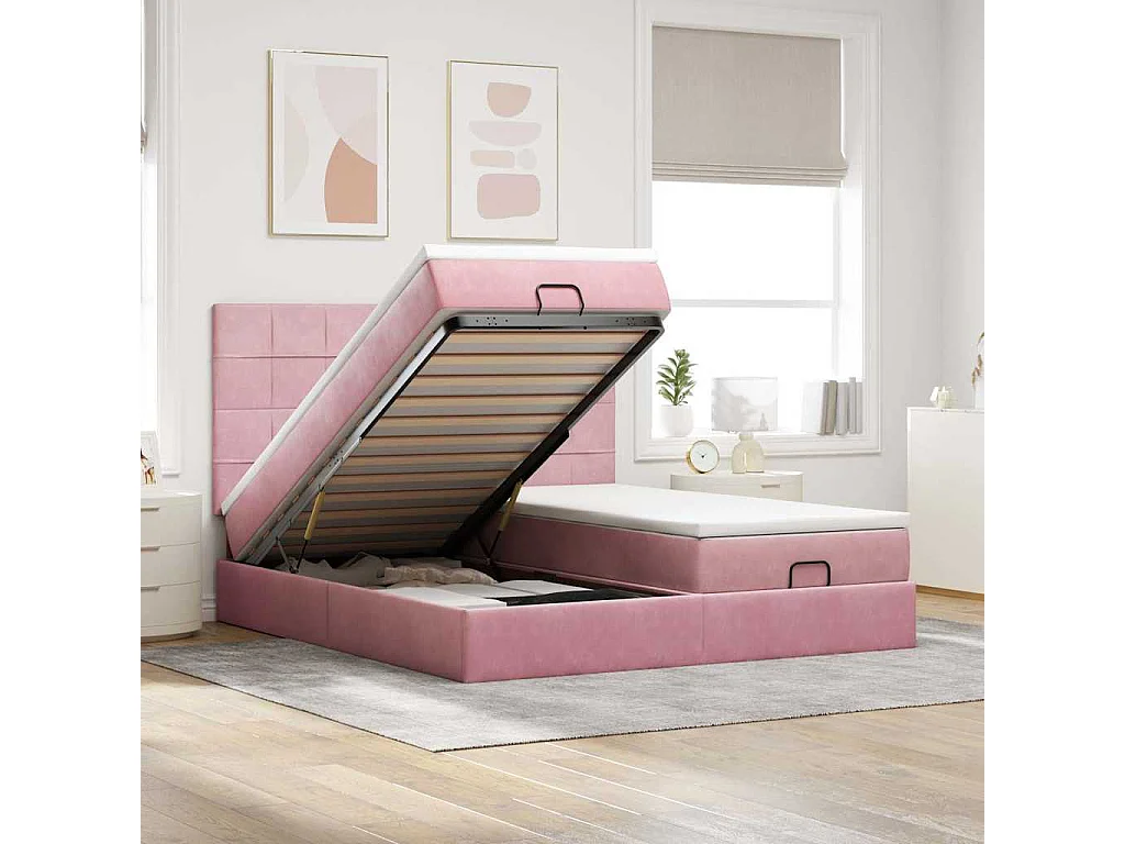 Struttura Letto Pouf con Materassi Rosa 180x200 cm Velluto