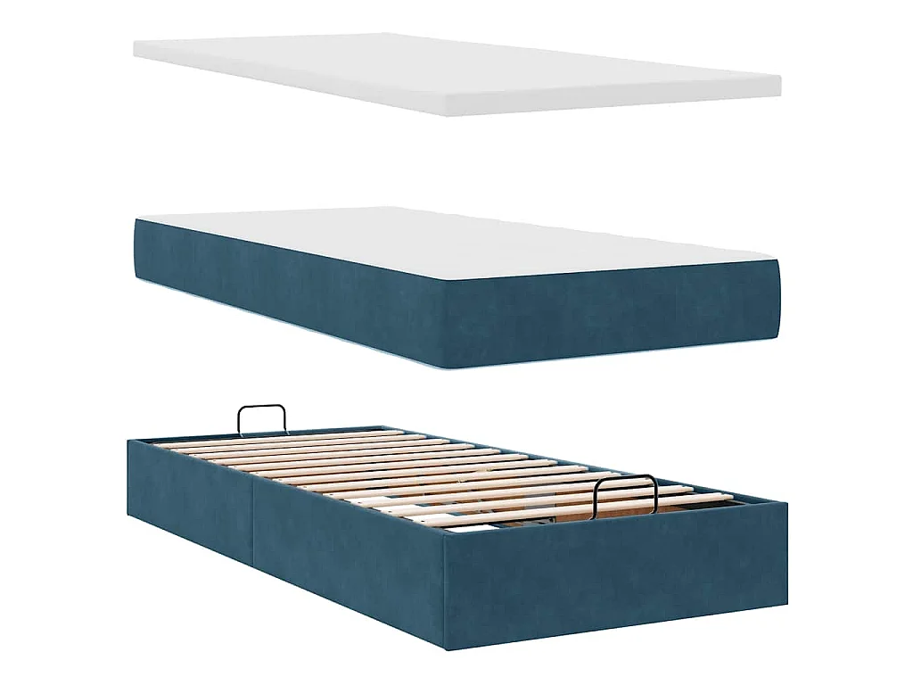 Estrutura de cama otomana com colchão azul escuro veludo