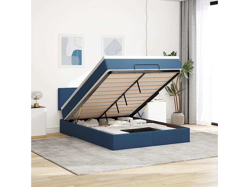 Estrutura de cama otomana com colchão tecido azul 140x200cm