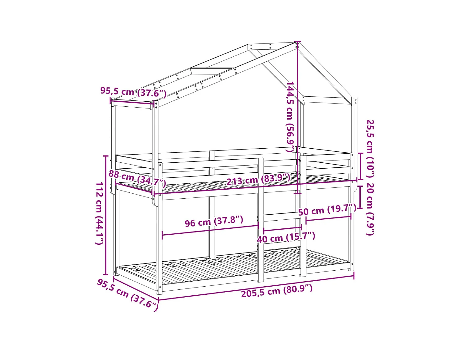 Lit superposé sans matelas blanc 90x200 cm bois de pin massif