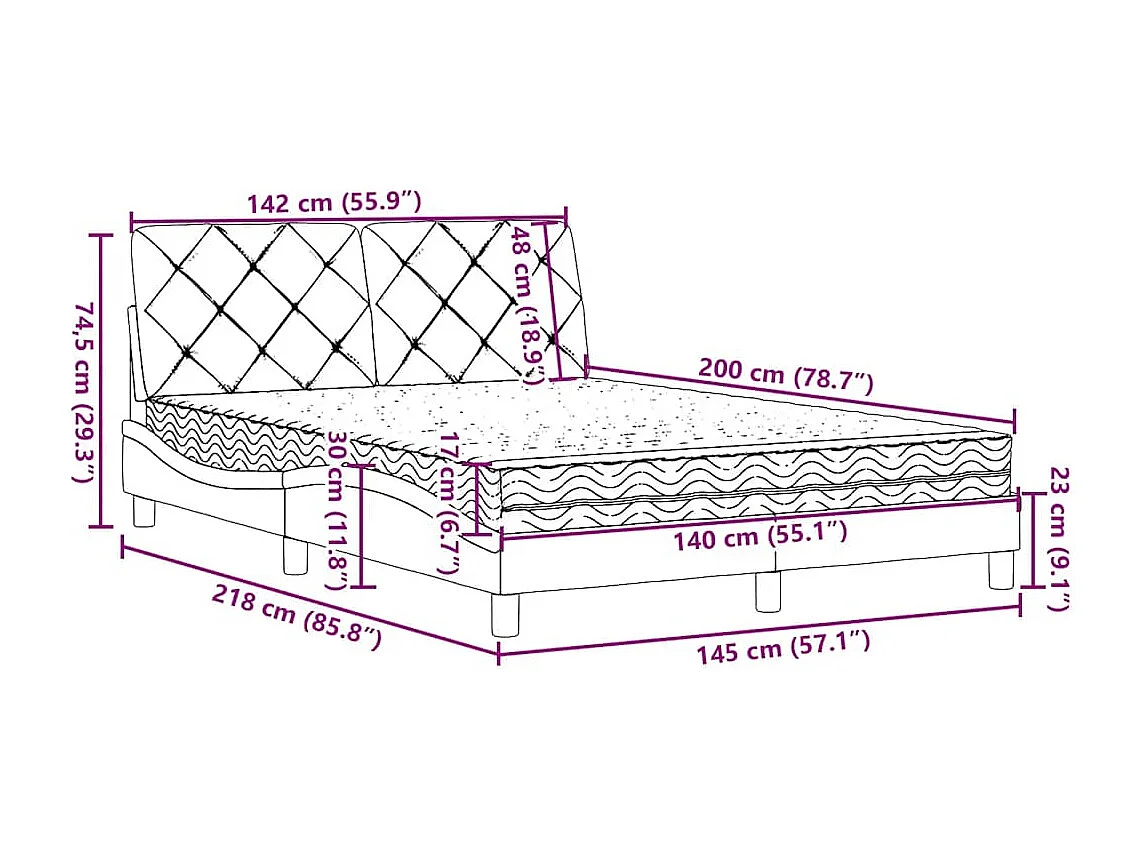 Letto con Materasso Grigio Scuro 140x200cm Tessuto