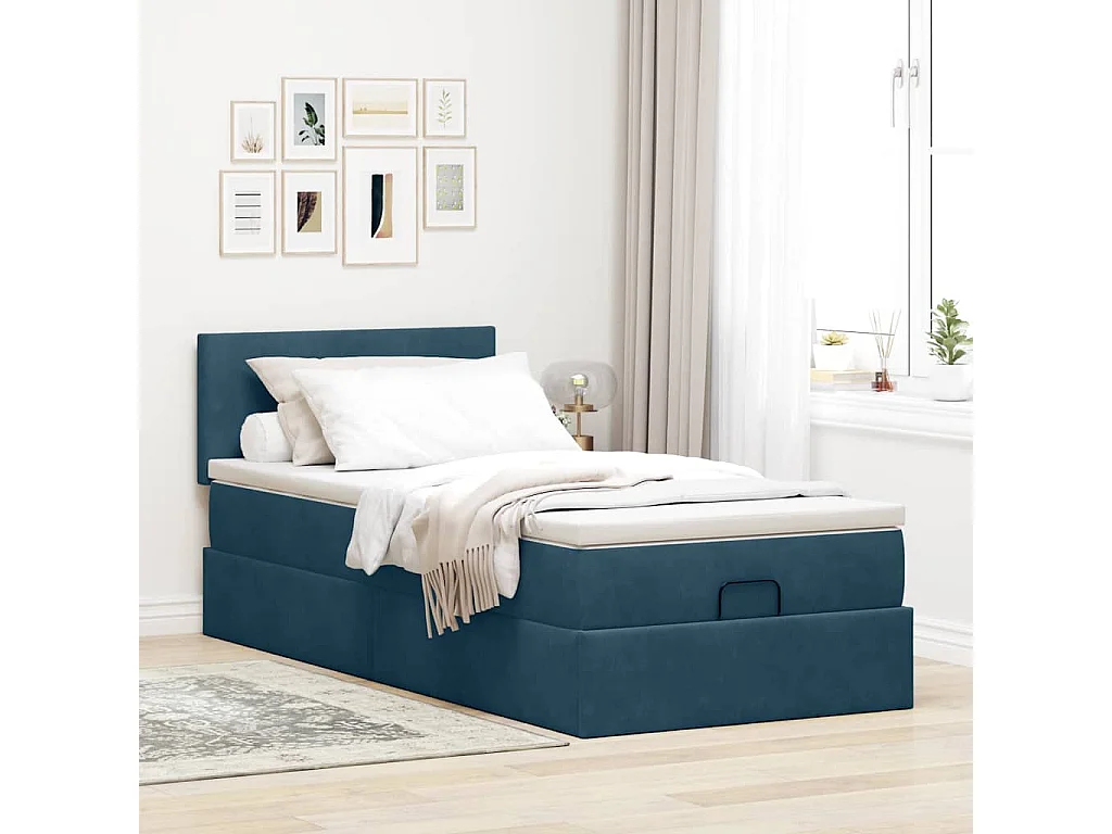 Estructura de cama otomana colchón terciopelo azul oscuro