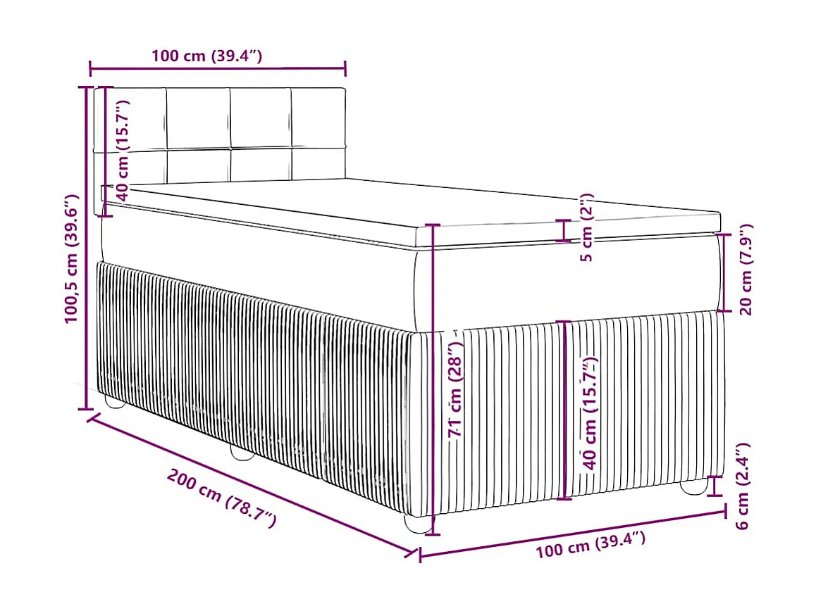 Cama box spring con colchón tela negro 100x200 cm