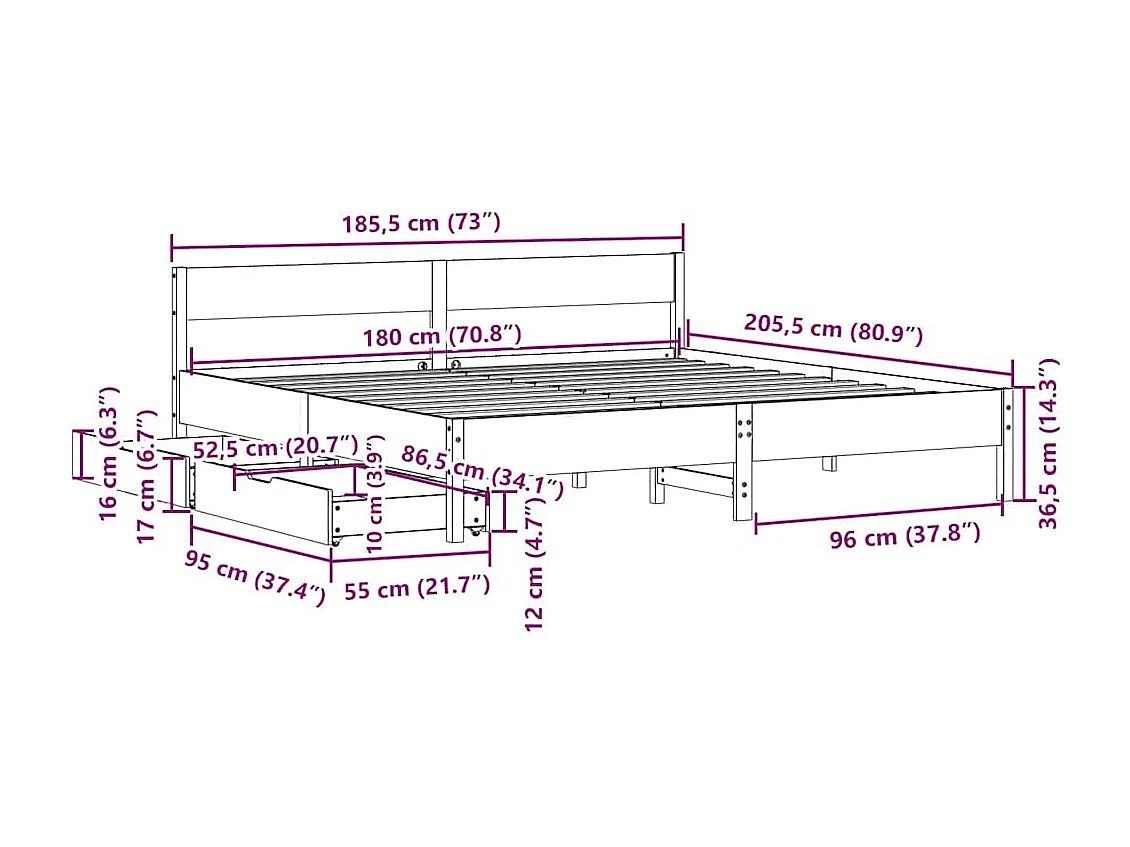 Cadre de lit sans matelas blanc 180x200 cm bois massif de pin