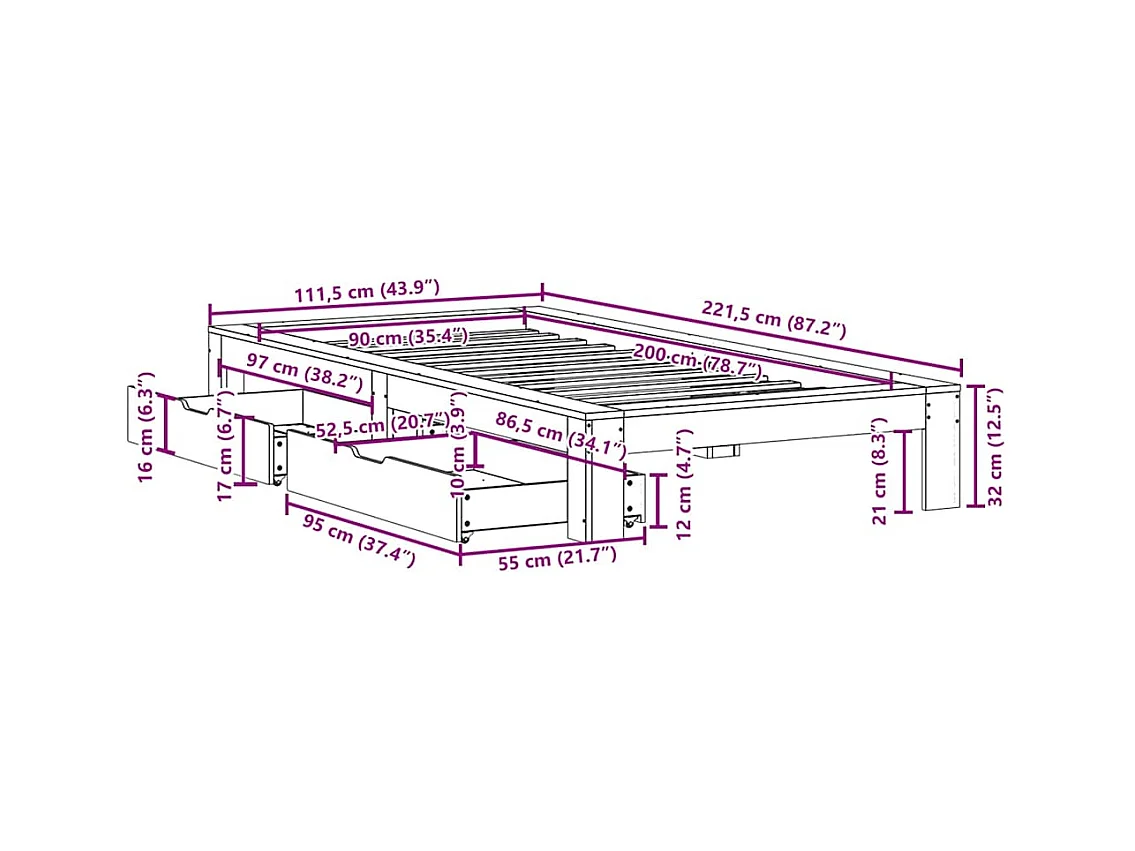 Cadre de lit sans matelas 90x200 cm bois de pin massif