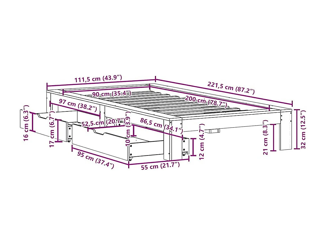 Giroletto senza Materasso 90x200 cm in Legno Massello di Pino