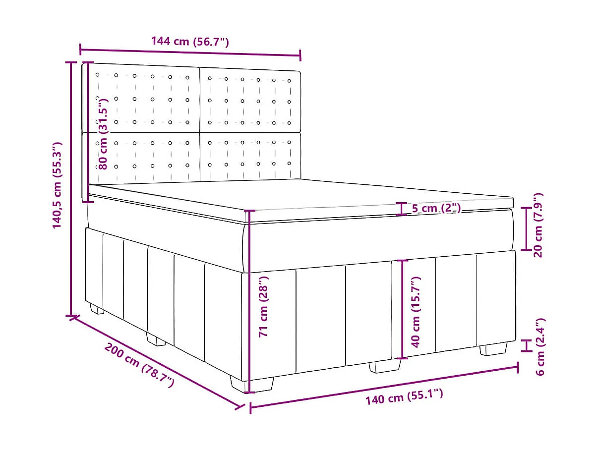 Cama box spring con colchón tela marrón oscuro 140x200 cm