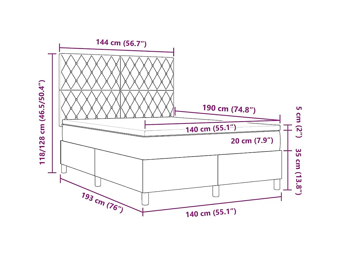 Lit à ressorts avec matelas Gris clair 140 x 190 cm Velours