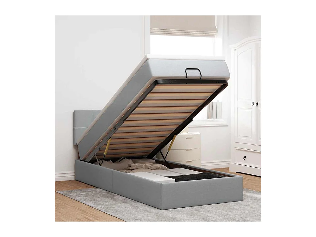 Lit ottoman avec matelas et LED gris clair 90x200 cm tissu