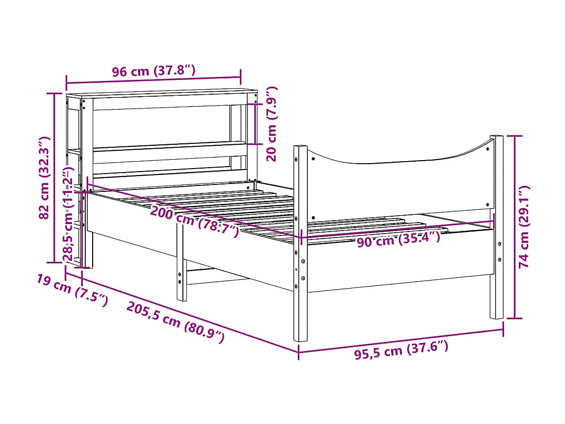 Bedframe met hoofdbord massief grenenhout wit 90x200 cm