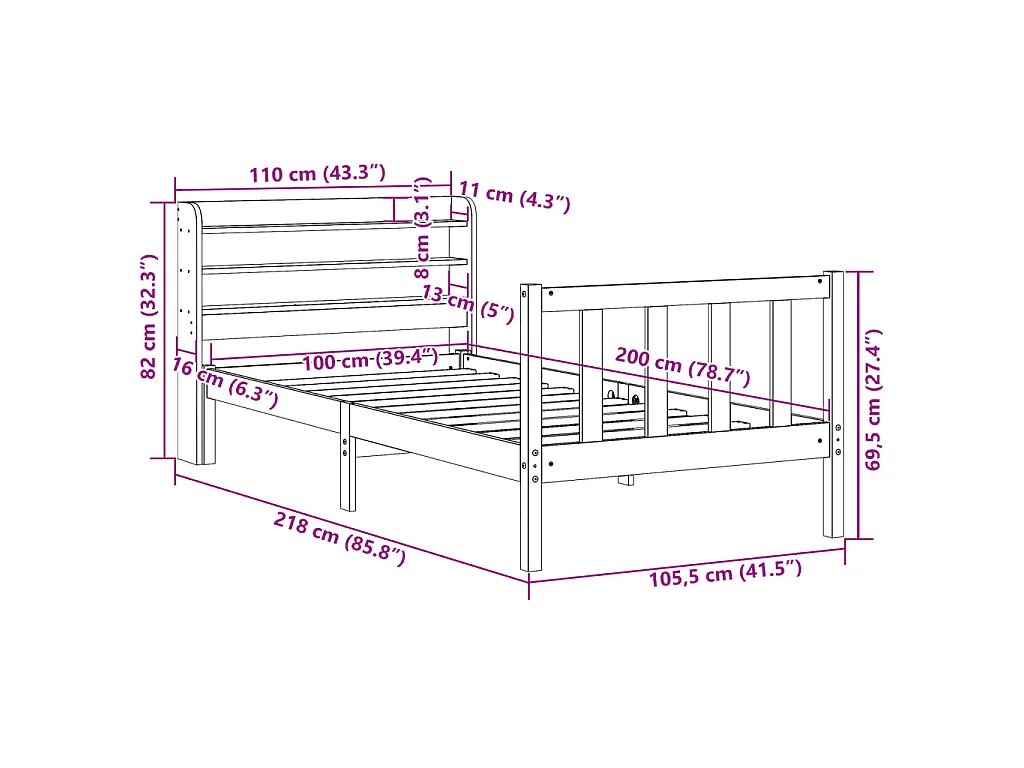 Bettgestell mit Kopfteil ohne Matratze Wachsbraun 100x200 cm