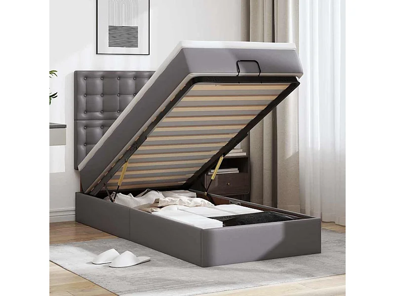 Cadre de lit ottoman avec matelas gris 100x200 cm similicuir