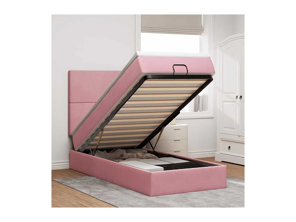Cadre de lit ottoman avec matelas rose 100x200 cm velours