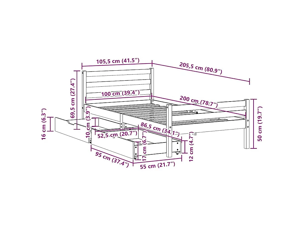 Giroletto senza Materasso Bianco 100x200 cm Legno Massello Pino