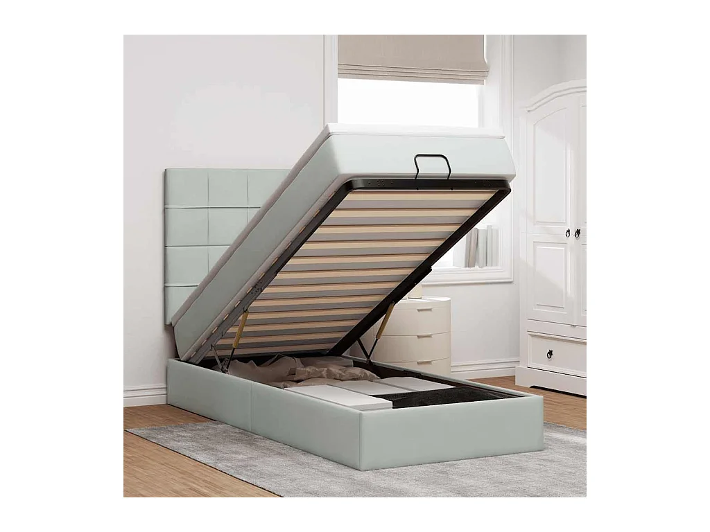 Cadre de lit ottoman et matelas gris clair 90x190 cm velours
