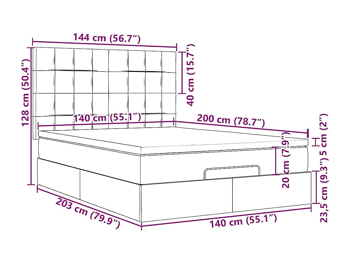 Cadre de lit ottoman avec matelas rose 140x200 cm velours