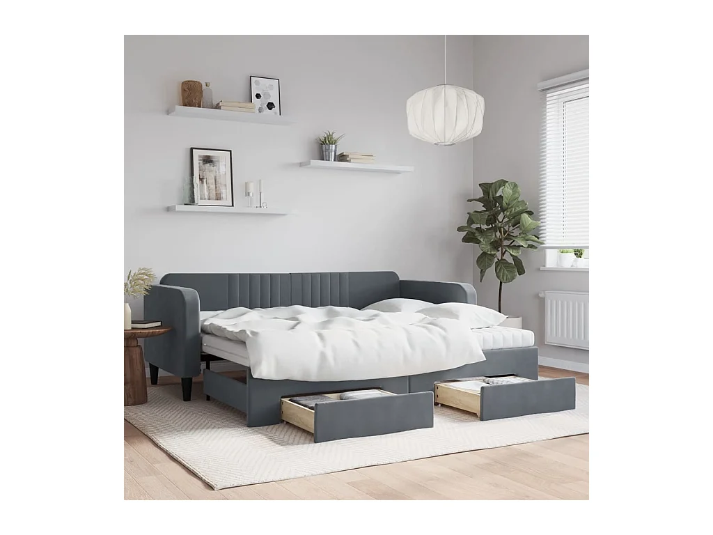 Lit de jour avec gigogne et tiroirs gris foncé 90x200cm velours