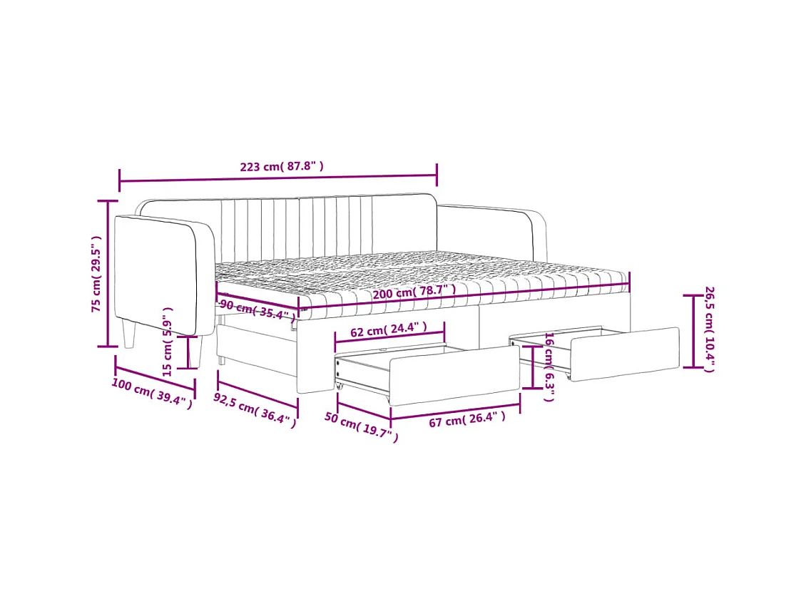 Lit de jour avec gigogne et tiroirs gris foncé 90x200cm velours