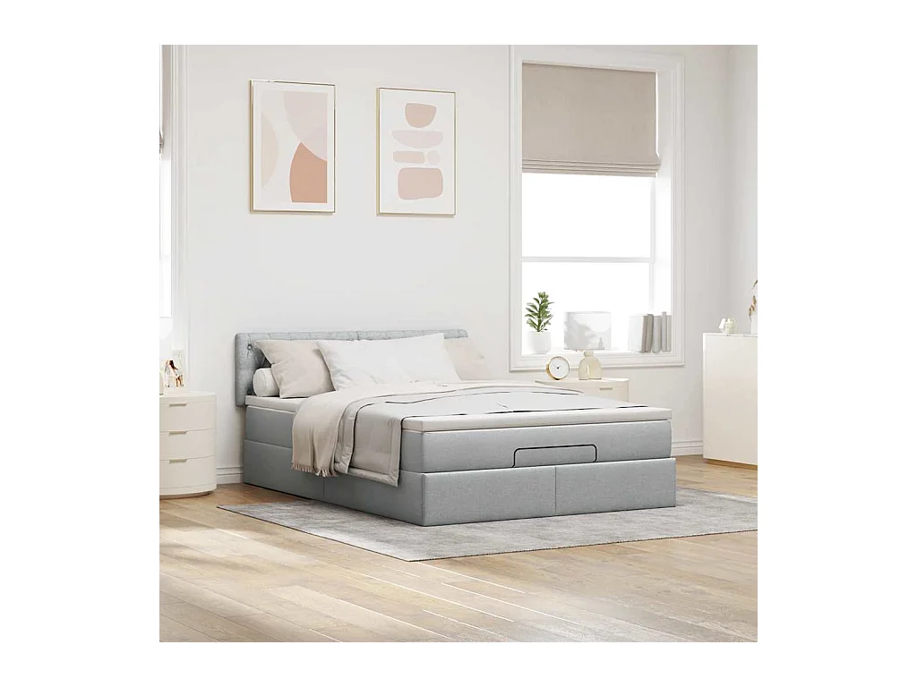 Lit ottoman avec matelas et LED gris clair 140x190 cm tissu