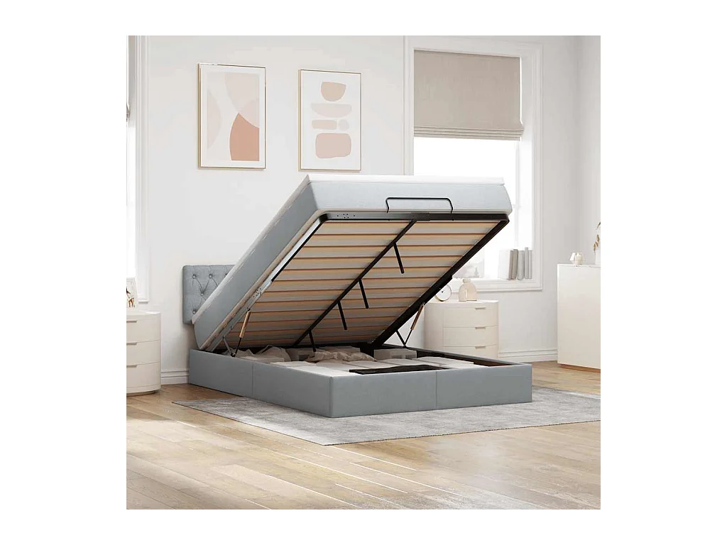 Ottomane Bett mit Matratze & LEDs Hellgrau 140x190 cm Stoff