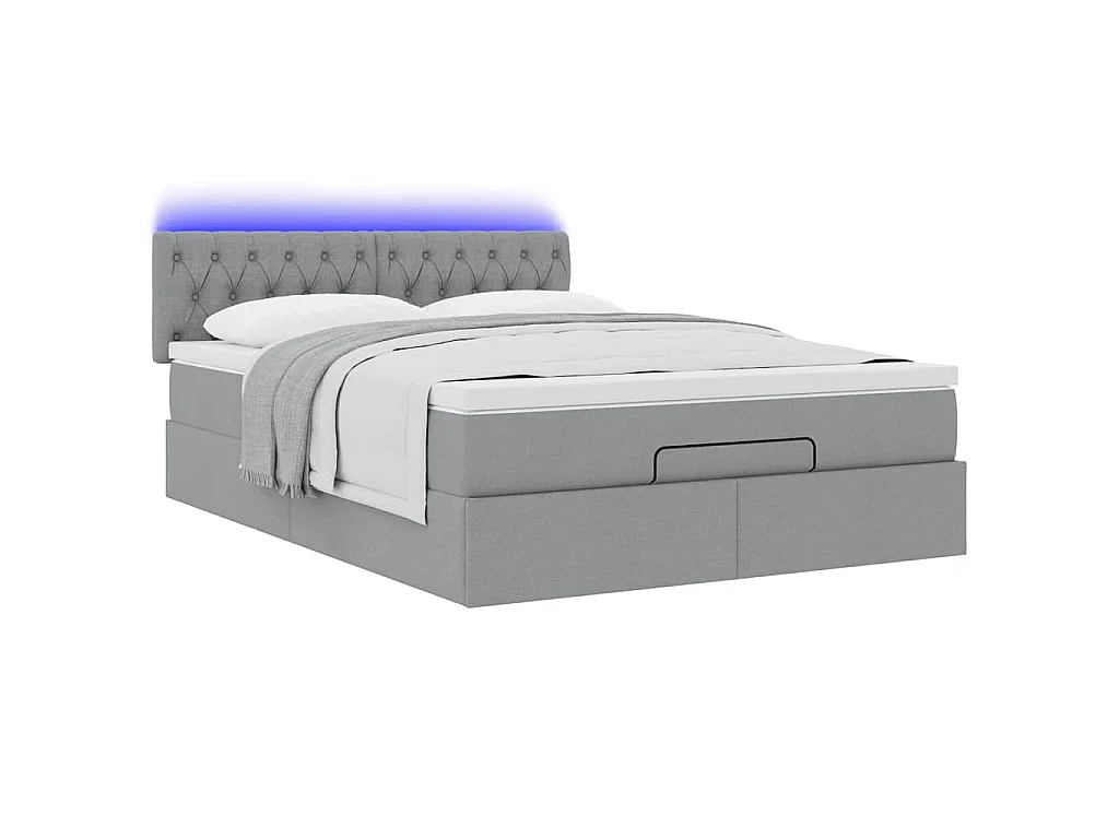Cama Otomana com Colchão & LEDs Cinzento Claro 140x190cm Tecido