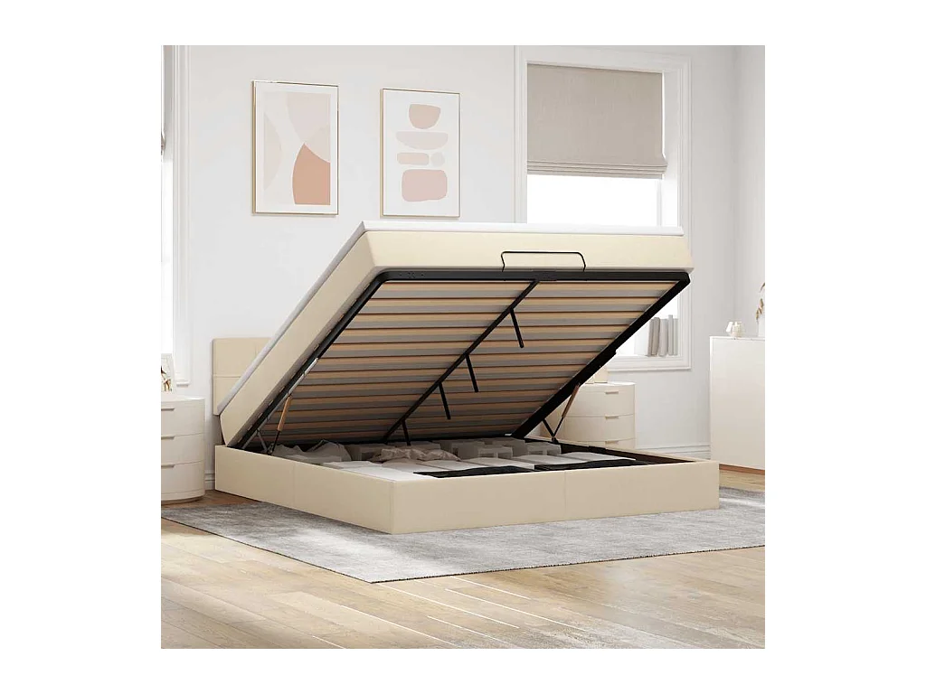 Cadre de lit ottoman avec matelas crème 160x200 cm tissu