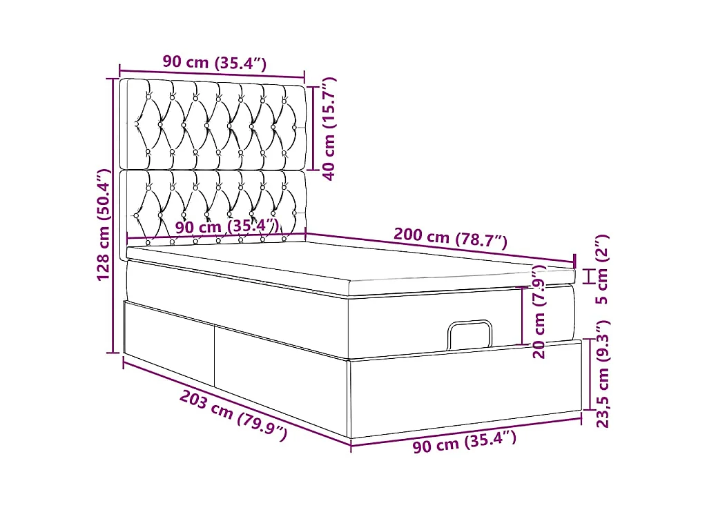 Cama otomana con colchón y LED tela gris claro 90x200 cm